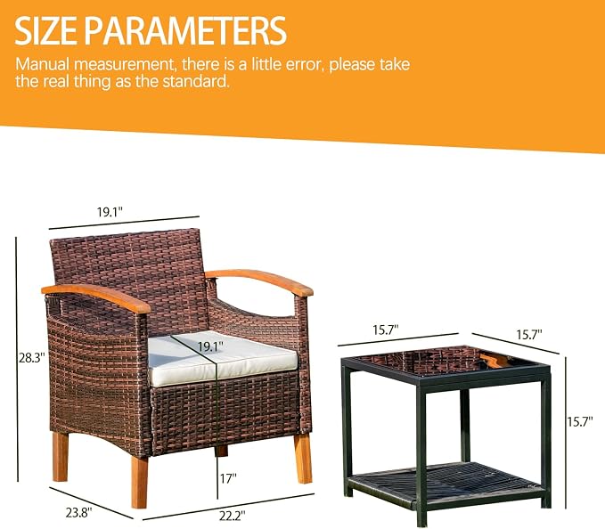 3 Pcs Outdoor Patio Furniture Sets, Outdoor Patio Rattan Chair with Side Coffee Table, Conversation Set Outdoor for Yard Garden Backyard Lawn (Brown)