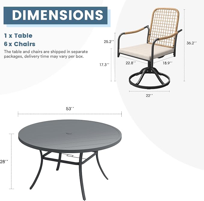 DIFY 7 Pieces Outdoor Dining Set for 6, 53" Round Dining Table with Umbrella Hole & Wicker Swivel Patio Chairs with Cushions, Metal Patio Table and Chairs Set for Backyard Porch Garden, Grey