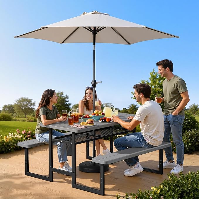 VINGLI Outdoor Picnic Table with Storage Shelf & Umbrella Hole, 4.5FT All Weather Metal Frame HDPE Tabletop Plastic Picnic Table for Dining Party Garden(Grey)