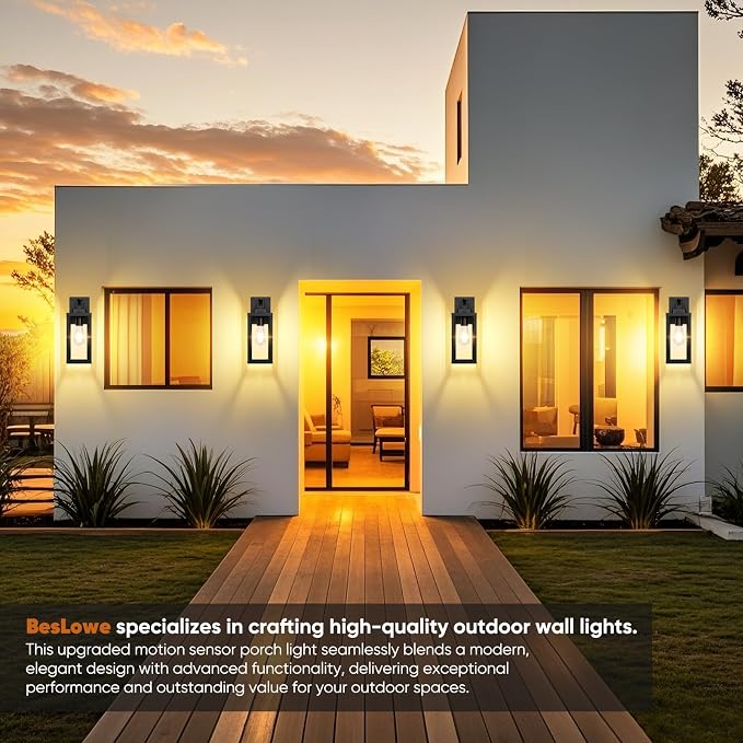 BesLowe 2-Pack 14” Upgraded Motion Sensor Outdoor Wall Lights, Black | Auto ON/OFF, 3 Lighting Modes, Waterproof, Rust-Resistant, Durable Metal & Clear Glass, Standard E26 Sockets, Easy to Install