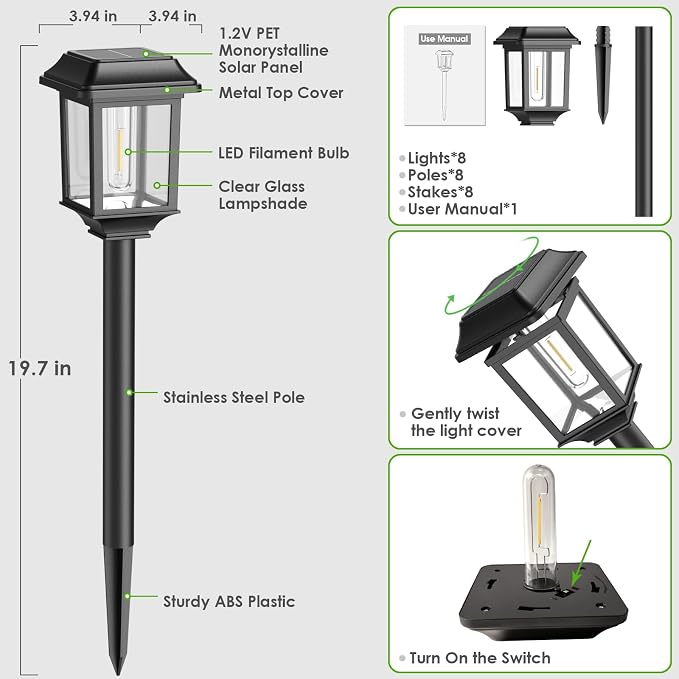 Mancra Solar Outdoor Lights Waterproof, 8 Pack Metal Glass Solar Pathway Lights Outdoor Lighting Garden Decor for Landscape Path Yard Patio Driveway (Cool White)