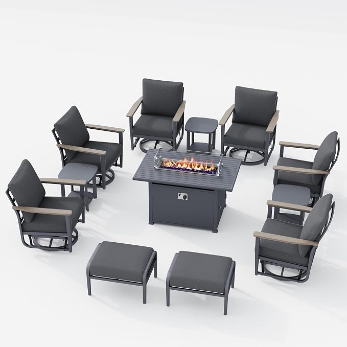 Aluminum Patio Swivel Rocking Chair Outdoor Bistro Set, 12pcs Patio Conversation Set Outdoor Patio Furniture Set with High Backrest & Thickened Cushions for Garden, Deck and Balcony, Dark Grey