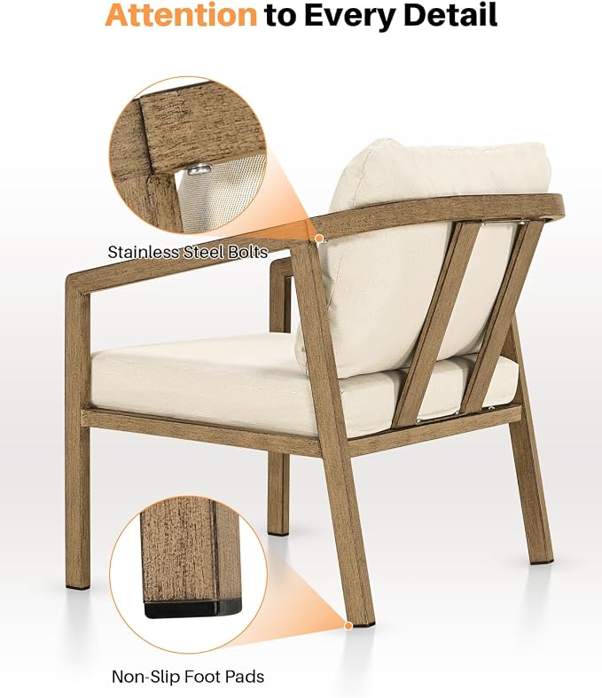 Teak Patio Sofa Chairs Set of 2, Never-Rust Aluminum Outdoor Armchair with Removable Cushions, All Weather 2 Pieces Outdoor Club Chairs, Outdoor Sofa Chairs for Garden, Porch, Balcony