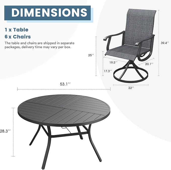 DIFY Patio Table and Chairs Set for 6, 7 Piece Outdoor Dining Set, 53.1" Black Round Metal Dining Table with Umbrella Hole and 6 Dark Grey Textilene Swivel Patio Chairs, for Garden Backyard Deck