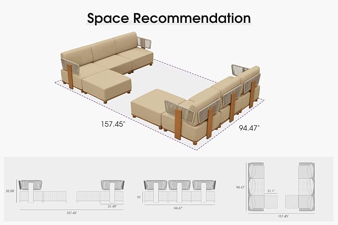PURPLE LEAF Patio Furniture Set Modular L-Shaped Outdoor Sectional Sofa with 11" Thick Olefin Cushion 8-Piece Outdoor Conversation Set with White Lights & Ottomans for Backyard Garden Poolside, Beige