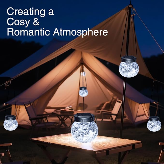 Kolpop Solar Lanterns Outdoor Waterproof 6 Pack, Hanging Solar Lights with 30 LED, Cracked Glass Hanging Globes for Garden Patio Fence Yard Christmas Tree Decoration, Cold White