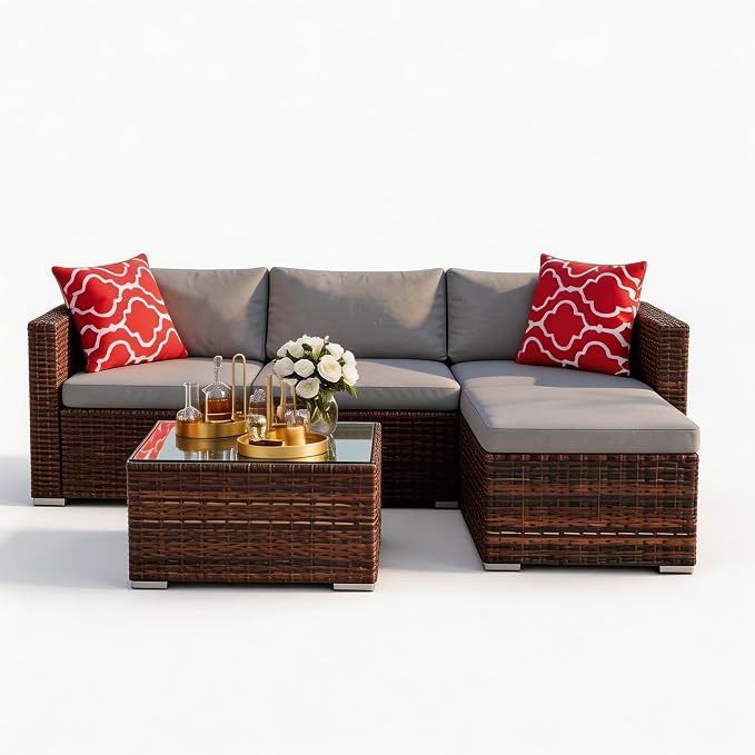 GarveeTech 5 Pieces Patio Furniture Set, All Weather Wicker Rattan Sectional Sofa,Outdoor Patio Furniture Set with Washable Cushions for Garden, Backyard, Porch, Poolside (Brown&Grey) 