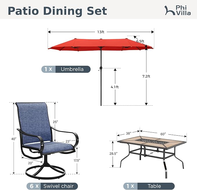 PHI VILLA 8 Pc Outdoor Dining Set with 13ft Umbrella, Swivel Mesh Chairs | 60'' wood-look rectangular table, 6 blue patio textilene chairs and 13ft orange red umbrella(NO BASE) for deck, garden, yard