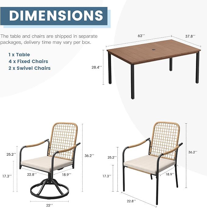 DIFY 7 Pieces Outdoor Dining Set for 6, 63" Walnut Rectangle Metal Table with 4 Stackable Wicker Patio Chairs & 2 Swivel Chairs, Patio Furniture Set with Cushions and Umbrella Hole, Wheat Rattan