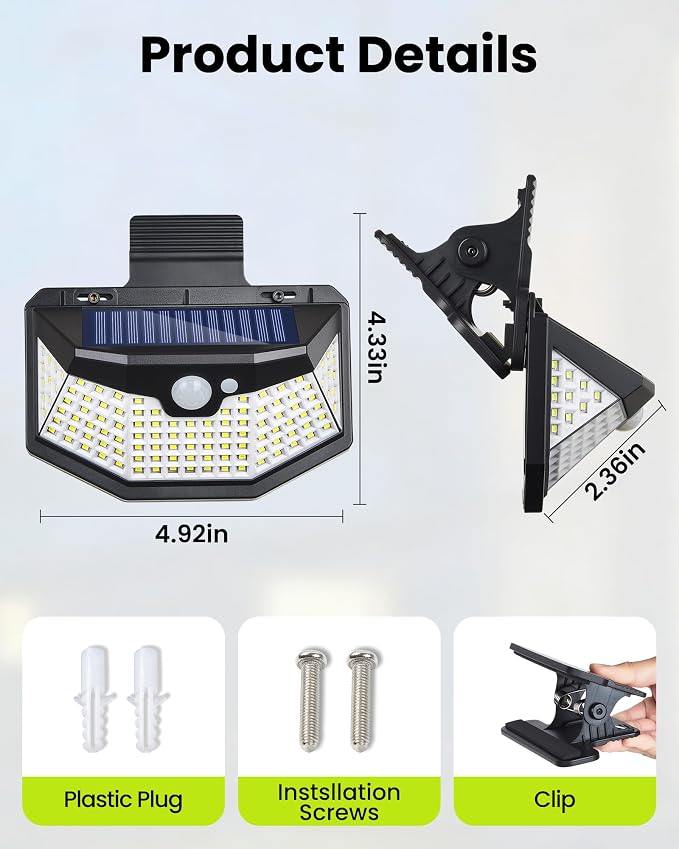 Clip on Solar Lights Outdoor with Motion Sensor, 800LM & 270° Wide Angle Solar Fence Lights Outdoor Waterproof with 115 LEDs, 3 Modes & Portable Security Lights for Chain Link Patio Deck Yard (2Pack)