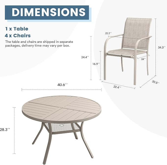 DIFY Patio Dining Set for 4, 5 Piece Outdoor Table and Chairs Set, 40.6" Round Metal Patio Dining Table and 4 Textilene Stackable Patio Chairs, for Backyard Garden Poolside, Sandshell