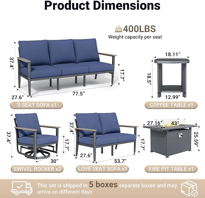 Aluminum Outdoor Patio Furniture Set, 6-Piece Sectional Sofa with 5.1" Thick Cushions, Swivel Rocking Chairs, 55,000 BTU Propane Fire Pit Table, Outdoor Couch for Backyard, Deck, Navy Blue