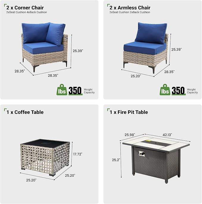 6 Pcs Patio Furniture with Fire Pit Table, Outdoor Rattan Wicker Conversation Set with Glowing Coffee Table, Comfy Sectional Sofa for Porch Balcony Backyard Pool, Blue