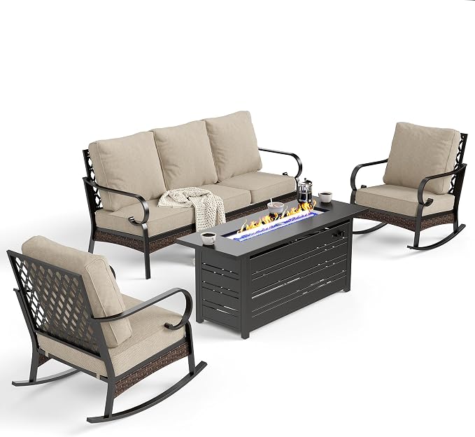 SUNSHINE VALLEY 4 Piece Black Metal Outdoor Patio Furniture Sets with Firepit Table, Patio Conversation Sets 1 3-Seater Sofa, 2 Rocking Sofa with 5.75" Thick Cushion Backyard Furniture for Deck, Beige