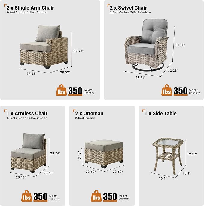 ovios 8 Piece Patio Sectional Furniture with Swivel Rocking Chairs, Rattan Wicker Coversation Couch Set, Outdoor Sofa Set for Outside Porch Balcony Backyard Pool, Dark Grey