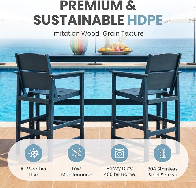 4 Pack HDPE Outdoor Bar Height Chairs, 28.5" All-Weather Patio Stools with Comfortable Armrests, Heavy-Duty Poly Wood High Top Seating for Outdoor Kitchen/Garden/Fire Pit/Backyard, Blue