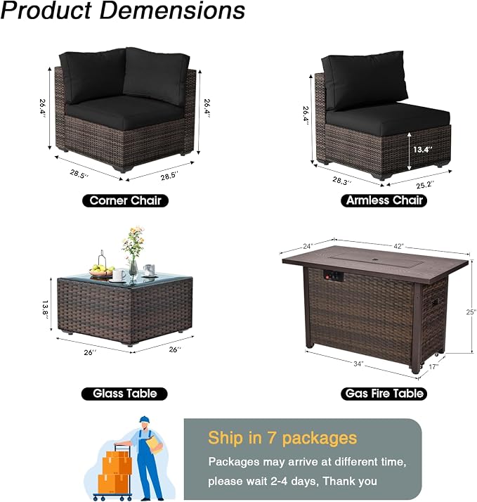 15 Pieces Patio Furniture Set with 44" Fire Pit Table, Rattan Outdoor Sectional Conversation Sets, All Weather Outdoor Furniture Set with Cushions for Garden Lawn Balcony Porch Deck Black