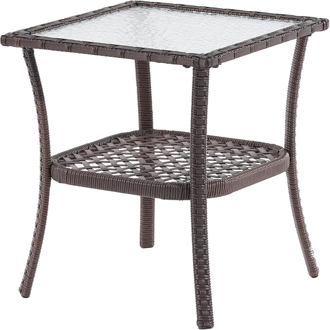 18'' Outdoor Side Table with Tempered Glass Top, Rattan Side Table with Storage, Square Wicker End Coffee Table for Patio Outside Balcony Porch Deck, Brown