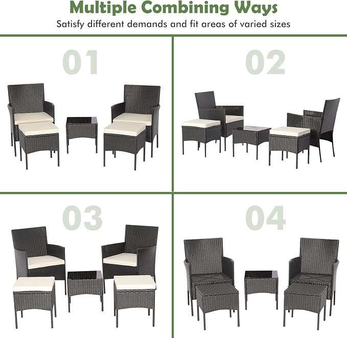 Tangkula 5 Piece Outdoor Wicker Sofa Set, Patiojoy Rattan Sofa Set with Coffee Table & 2 Ottomans, Rustproof Metal Frame, Soft Seat Cushions, Patio Conversation Set for Backyard, Poolside (Off White)