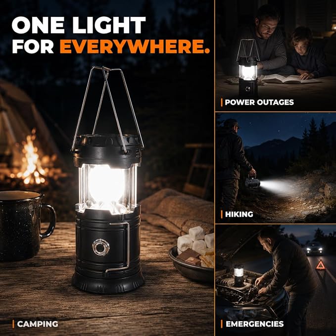 MalloMe Solar LED Camping Lantern, Battery Powered Lanterns for Power Outages, Portable Hanging Collapsible Camping Lights for Outdoor, Home, Emergency, Hurricane Lamp Survival Outage Light