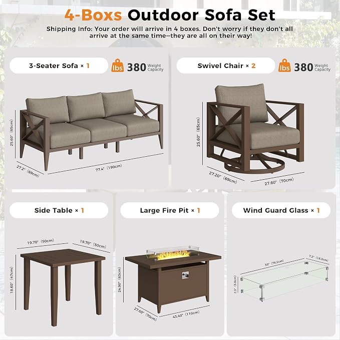 Aluminum Outdoor Patio Furniture Set with 43" Fire Pit Table, 7-Piece Outdoor Sectional with 5.2" Thick Cushions, Patio Conversation Sets for Backyard,(Brown,5 Seats)