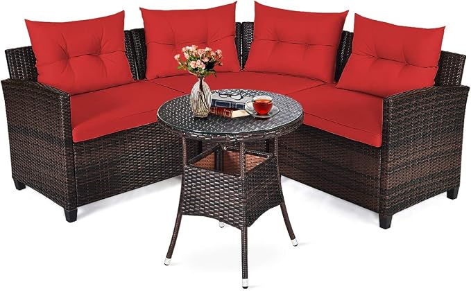 COSTWAY 4-Piece Patio Furniture Set, Wicker Rattan Sofa with Cushions and Coffee Table, Outdoor Sectional Conversation Sofa Set for Poolside Backyard Lawn Backyard (Red)