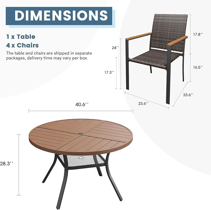DIFY 5 Piece Patio Dining Set for 4, Wicker Stackable Patio Chairs & 40.6" Round Walnut Metal Dining Table with Umbrella Hole, All Weather Outdoor Table and Chairs Set for Deck Garden Backyard