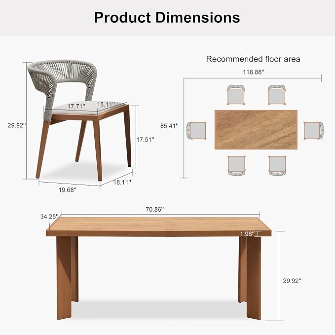 PURPLE LEAF Patio Dining Set for 6 Furniture Set Aluminum Rattan Wicker Patio Table and Chairs Set for Lawn Backyard Deep Teak
