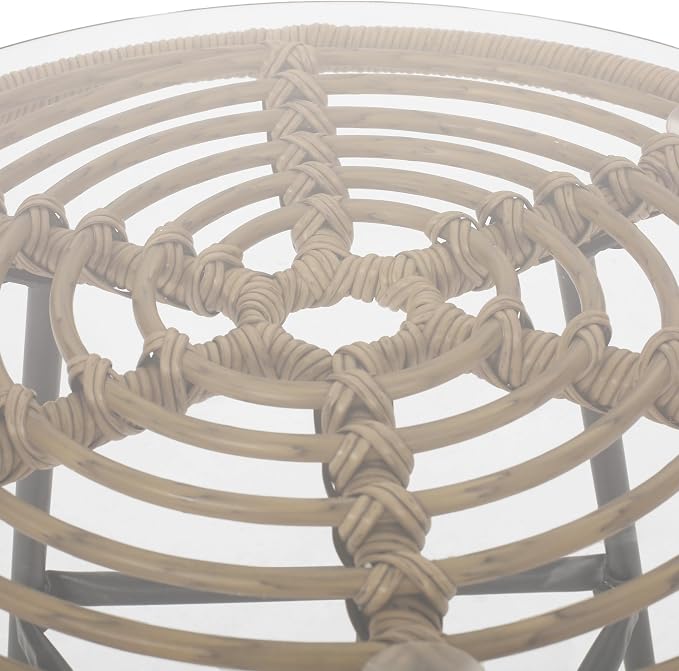 Penau Outdoor Round Faux Rattan Side Table with Tempered Glass Top, Steel Frame, Light Brown, 19.5 x 19.5 x 18.5 Inchs, Modern Balcony Porch Deck End Table
