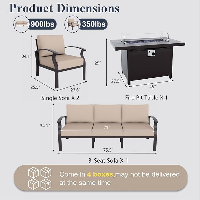 ALAULM Aluminum Patio Furniture Set with Propane Fire Pit Table 5-seat Metal Outdoor Furniture w/Fire Pit Sectional Sofas w/5.1" Cushions for Patio, Backyard, Poolside-Sand