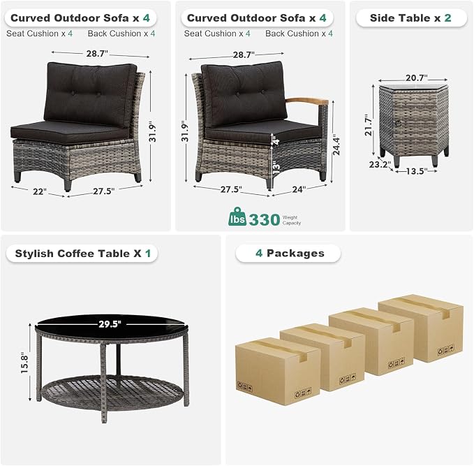 MEISSALIVVE 11-Piece Half-Moon Curved Outdoor Patio Furniture Set, Sectional Conversation Sofa with Wood Armrests, Coffee & Side Tables for Backyard Deck Garden, Black