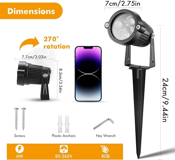 Landscape Lighting - 6W RGB Color Changing Halloween Landscape Lights 120V Christmas Outdoor LED Spotlight with Remote Control Waterproof Spot Lights for Yard Garden Patio Driveway (2 Pack)