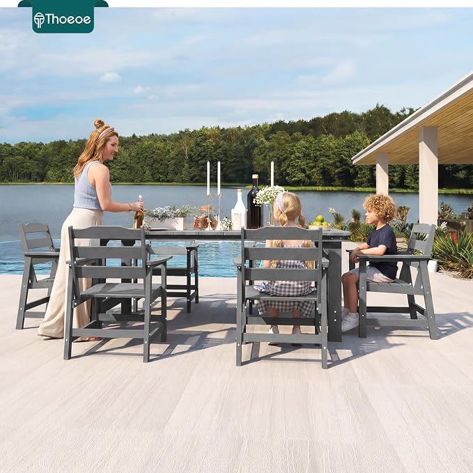 THOEOE 7 Piece Outdoor Dining Set, Patio Dining Table and 6 Chairs, All-Aluminum Frame, All-Weather HDPE Outdoor Furniture with Umbrella Hole for Garden, Lawn, Poolside, Grey