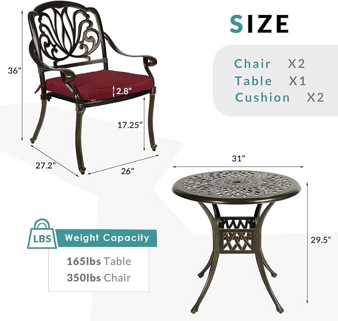 MEETWARM 3 Piece Patio Bistro Set, Outdoor All-Weather Cast Aluminum Dining Furniture Set Includes 2 Cushioned Chairs and a 31” Round Table with Umbrella Hole for Garden Deck, Chili Red