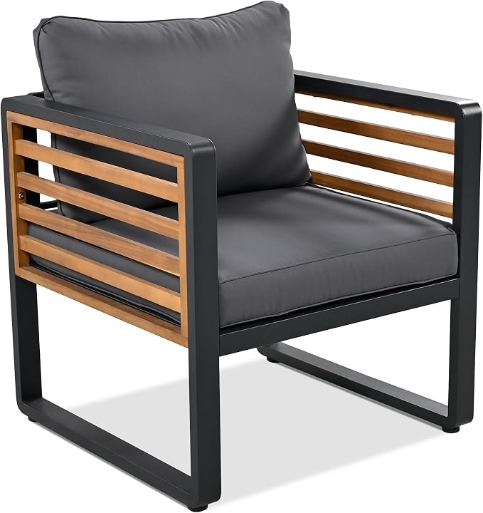 4-Pieces Outdoor Patio Sectional Sofa Set with Coffee Table, All-Weather 5 Person Conversation Set with Thick Cushions and Pillows for Garden Backyard Balcony, Acacia Wood Tabletop (Gray-N74)