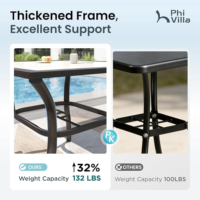 PHI VILLA 37" Patio Table for 4, Metal Dining Table with Carbon Crystal Tabletop, All Weather Wrought Iron Outdoor Furniture for Deck, Backyard, Porch