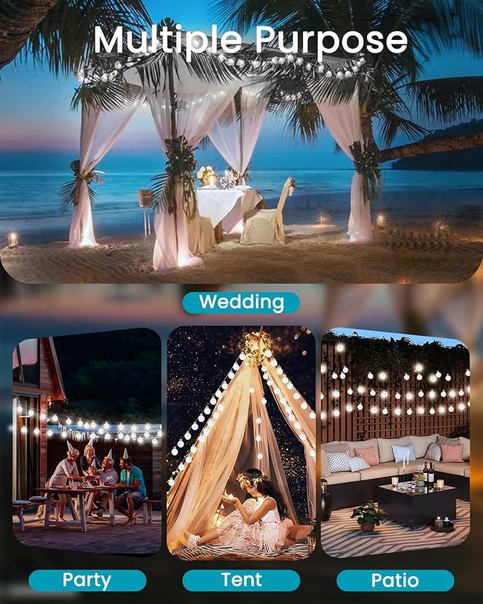 LORRYTE Solar String Lights Outdoor 32FT 50 LED Patio Lights, White | Crystal Globe, IP65 Waterproof, Auto On/Off, 8 Modes Solar Powered Light for Outside Garden Yard Wedding Porch Party Decor