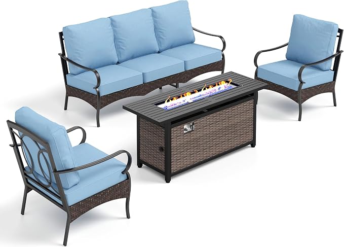 Patio Furniture Set with 56" Fire Pit Table, Premium Outdoor Wicker Metal Frame Furniture with Upgraded Waterproof Thick Cushions for Porch, Poolside, Deck, and Yard (4 Pieces,Blue)