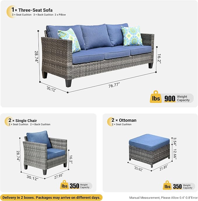 ovios 5 Pieces Patio Furniture Set, Outdoor Wicker Rattan Sofa Couch with Ottomans Comfy Cushions, Modern Conversation Set for Deck Backyard Porch, Denim Blue