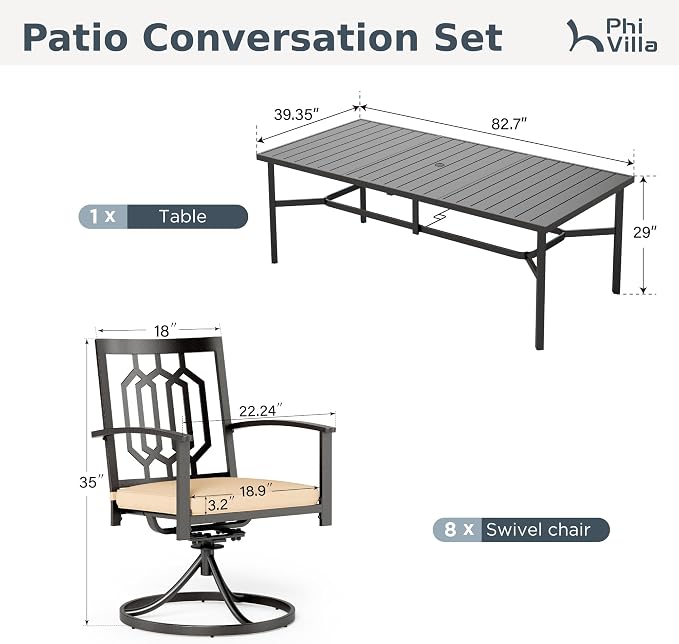 PHI VILLA 9 Pcs Outdoor Dining Set for 8&83" Rectangular Wrought Iron Table | Steel Table w/ Umbrella Hole&Swivel Metal Chairs,Outside Furniture Set for Patio, Porch, Deck, Backyard