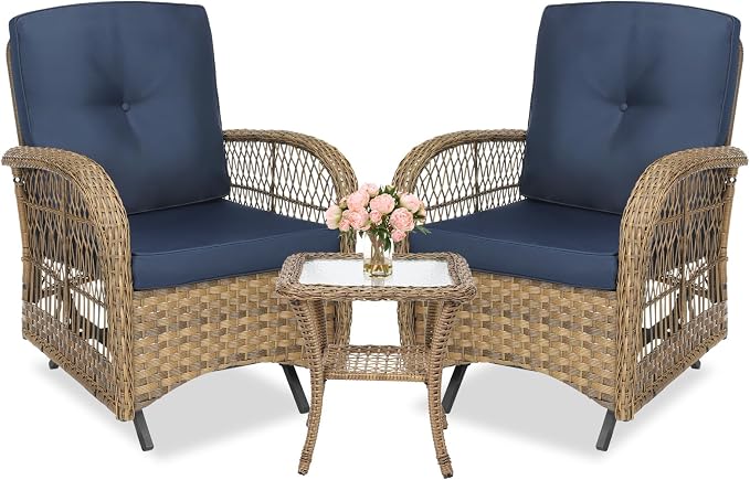MEETWARM 3 Pieces Outdoor Patio Wicker Rocking Glider Set, Rocking Chairs Rattan Patio Furniture Sets with Glass-Top Coffee Table and Thickened Cushion, Conversation Bistro Set, Navy Blue