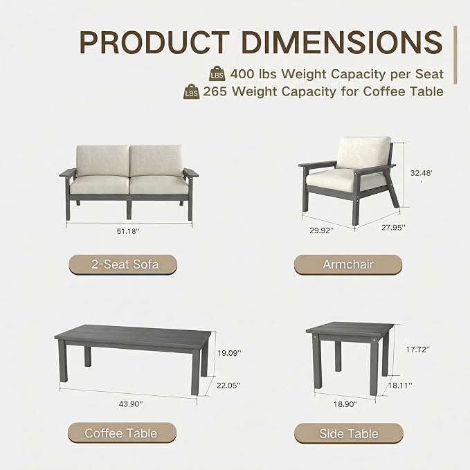 Kingdura HDPE Patio Furniture Set, 6 Piece Outdoor Sectional Sofa with Coffee Table & Side Table, All Weather Outdoor Couch Conversation Set with Washable Cushions for Backyard Poolside Balcony
