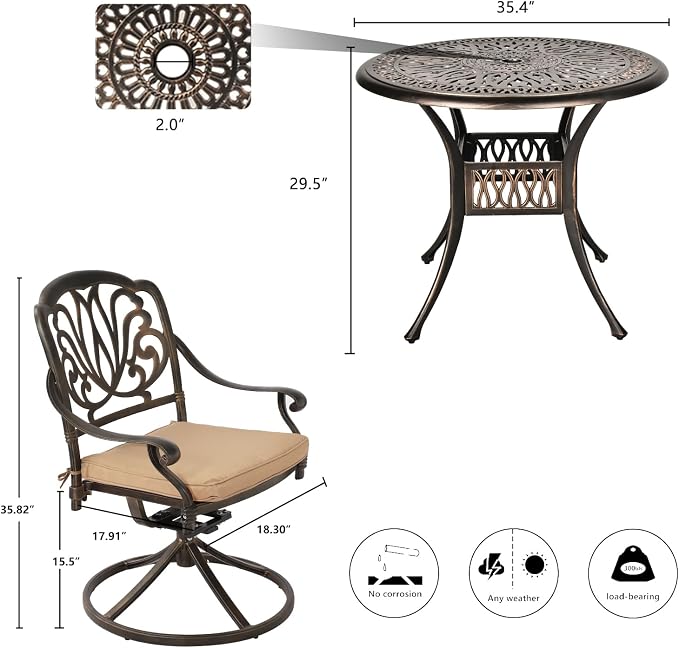 Grepatio 5 Piece Outdoor Dining Set Cast Aluminum Patio Dining Set Table and Chairs Outside Furniture 4 Swivel Chairs with Cushion and 1 Umbrella Hole Round Dining Table for Lawn Garden Patio (Khaki)