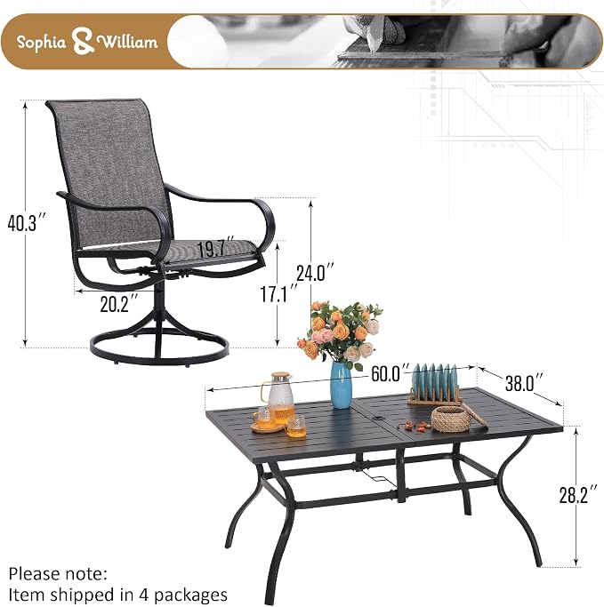 Sophia & William Patio Dining Set for 6 w/Swivel Textilene Chairs, Brown | 60"x 38" outdoor table and chairs, all-weather E-coating metal frame & mesh fabric. Suitable for deck, garden, poolside