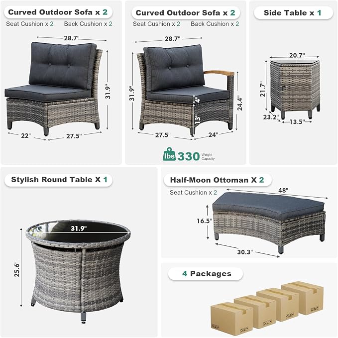 MEISSALIVVE 8-Piece Half-Moon Curved Outdoor Patio Furniture Set, Sectional Conversation Sofa with 2 Half-Moon Ottomans, Round Coffee Table for Backyard Deck Garden, Grey