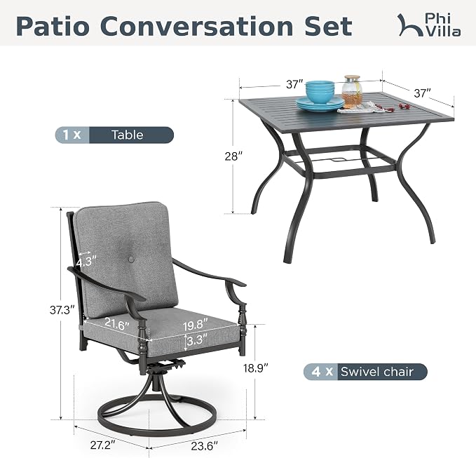 PHI VILLA 5 Pieces Outdoor Dining Set for 4, Square Wrought Iron Table with Umbrella Hole & Swivel Metal Steel Gray Chairs, Modern Dining Furniture Set with Cushions for Patio, Deck, Yard, Porch
