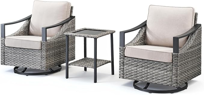 3 Pieces Wicker Patio Furniture Set-High Back Swivel Patio Chairs Set of 2 with Rattan Side Table, PE Wicker Outdoor Patio Furniture Sets with Covered Cushions for Porch Deck Garden Grey/Beige