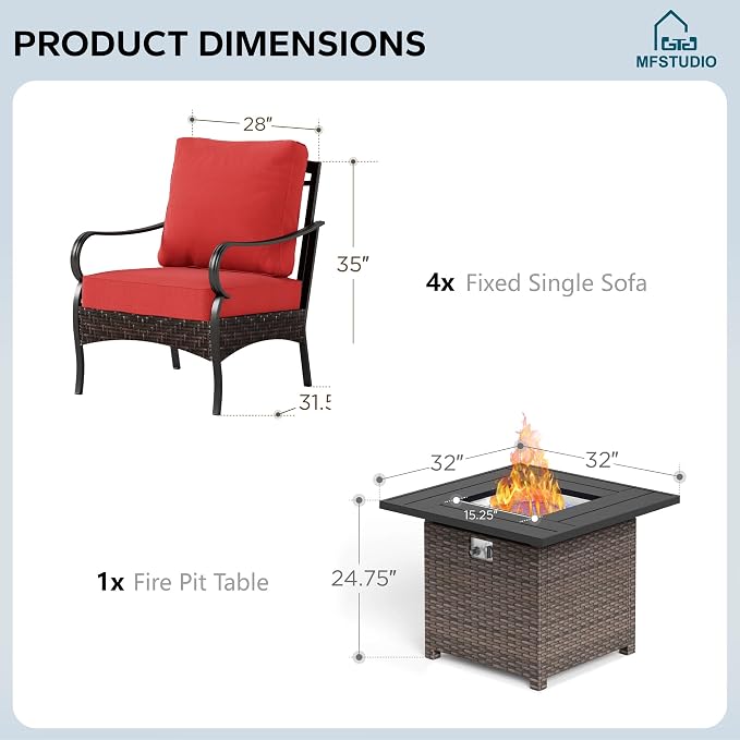 MFSTUDIO 5 Pieces Outdoor Patio Furniture Set, Metal Outdoor Conversation Sofa, Rattan Wicker Patio Sectional Sofa Set with 4 x Fixed Single Sofa, 1 x Fire Pit Table, Red
