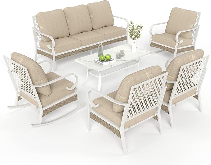 MIXPATIO 6 Piece Patio Furniture Set, 2 x Fixed Chair, 2 x Rocking Chair, 1 x 3-Seat Sofa with Marbling Coffee Table, All Cushioned 7 Seats Outdoor Conversation Set, Beige