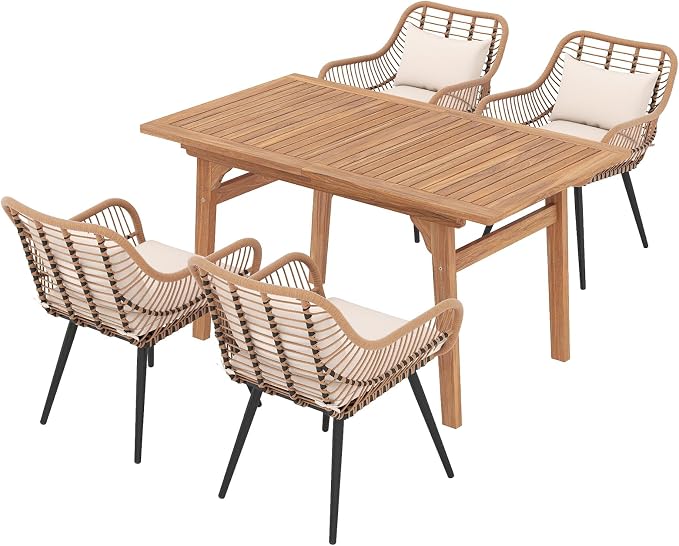 JOIVI 5 Pieces Outdoor Dining Set, Patio Table and Chairs Set for 4, Patio Outdoor Furniture Set with Extendable Dining Table for Porch, Deck, Bistro, Backyard, Garden, Creamy White